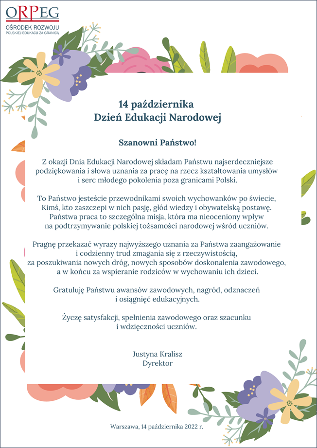 ŻYCZENIA DYREKTOR ORPEG Z OKAZJI DNIA EDUKACJI NARODOWEJ