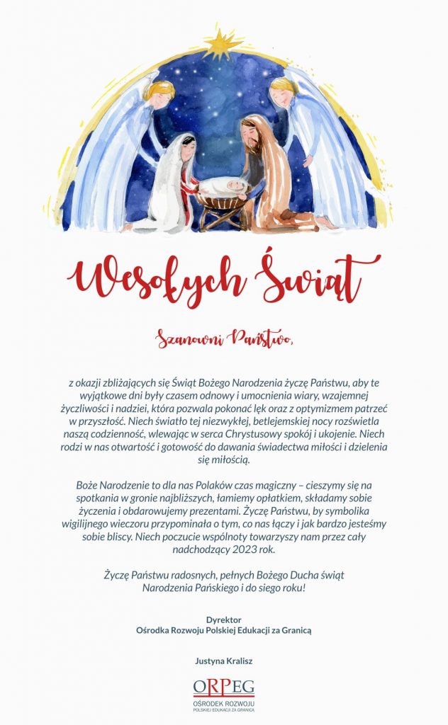 ŚWIĄTECZNE ŻYCZENIA DYREKTOR ORPEG – PANI JUSTYNY KRALISZ