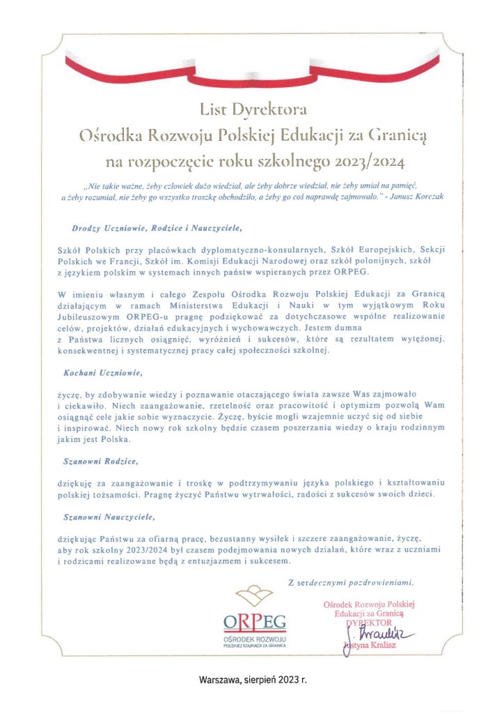 LIST DYREKTORA OŚRODKA ROZWOJU POLSKIEJ EDUKACJI ZA GRANICĄ NA ROZPOCZĘCIE ROKU SZKOLNEGO 2023/2024