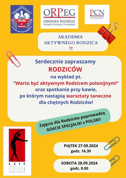 ZAPROSZENIE DLA RODZICÓW NA SPOTKANIE I WARSZTATY  W DNIACH 27 i 28 września 2024